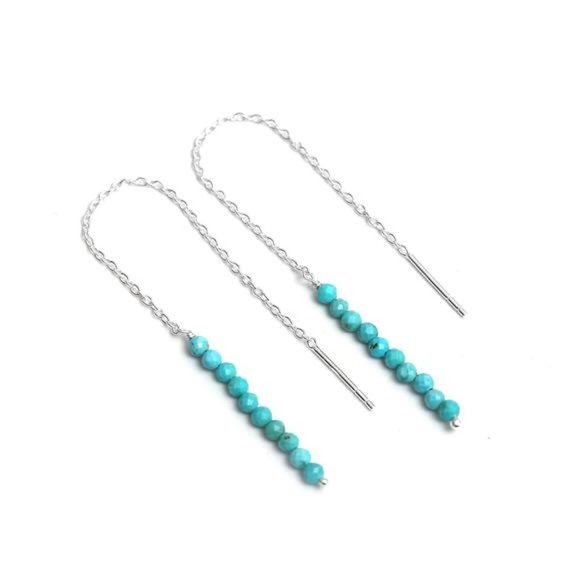 Natural Turquoise Beads Threader Earring, Gemstone Earring For Women (Turquoise) - Picture 2 of 9